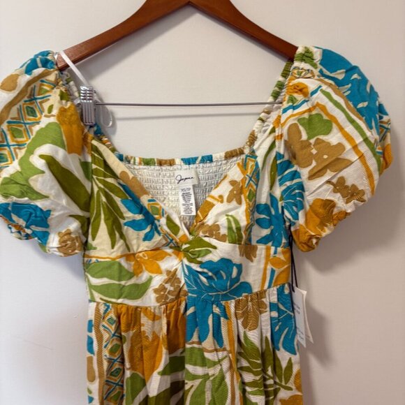 Japna Midi Dress Off white blue green Floral Size XS NWT Puffy Sleeves Linen - Picture 7 of 9